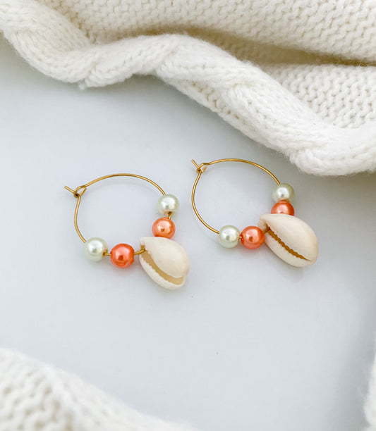 Orange Cowry Hoop Earrings - Gold