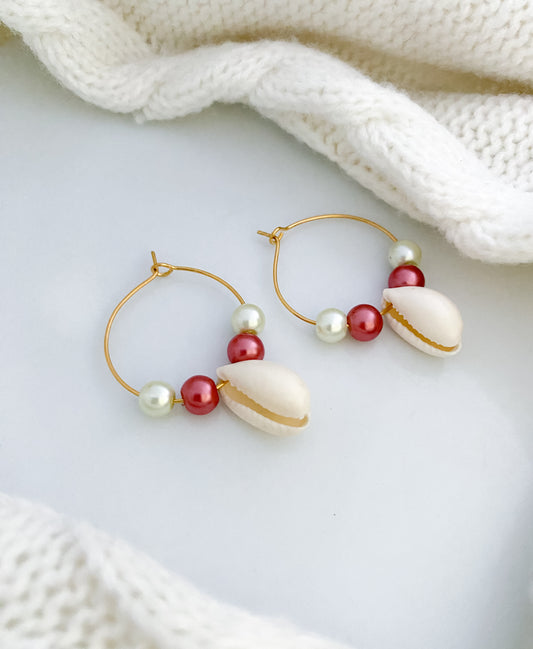 Pink Cowry Hoop Earrings - Gold