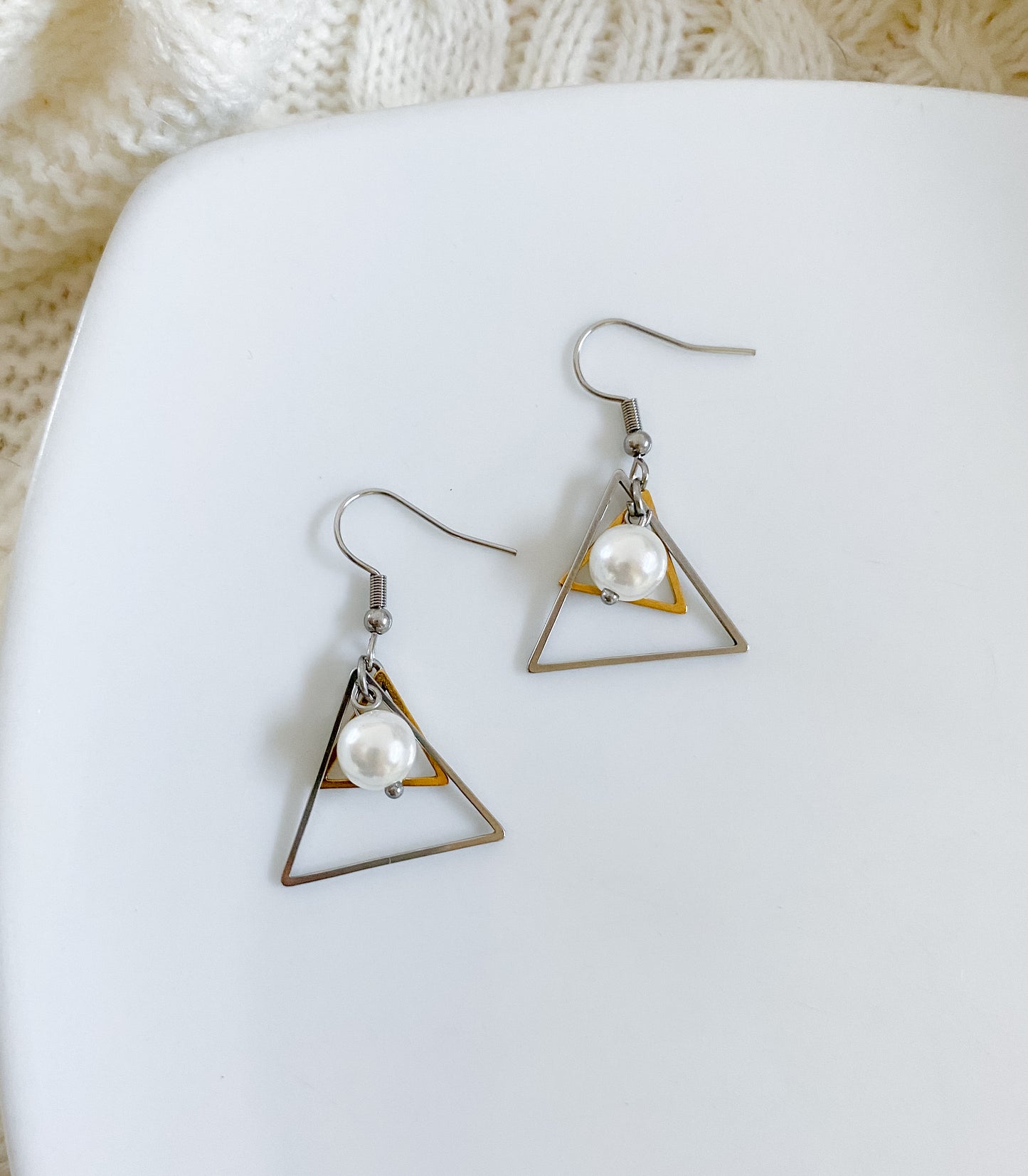 Pearly Geometric Earrings - Silver & Gold