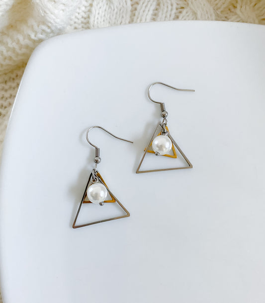 Pearly Geometric Earrings - Silver & Gold