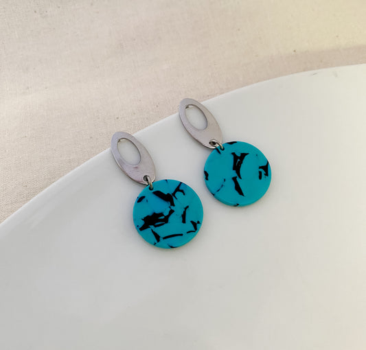 Marbled Teal Disk Earrings - Silver