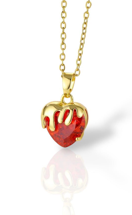 Red Gem Heart Necklace - Gold