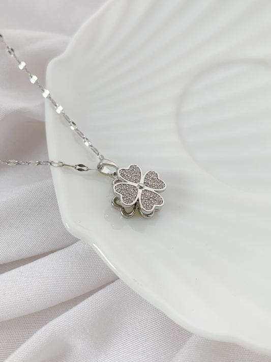 Full Diamanté Clover Fidget Necklace - Silver
